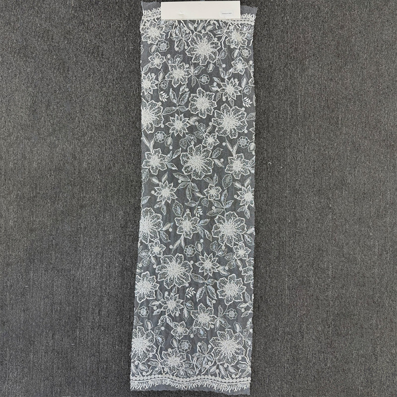 GCW-AUVB120526 | Beaded Floral Tulle Lace | Sequin Fringe Border Bridal Fabric
